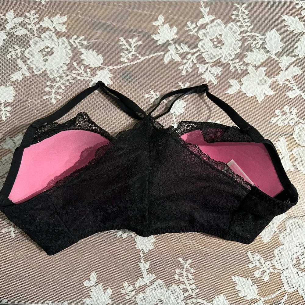 PINK Victoria's Secret Push-Up Bra Womens 32D Black Good Lace Front-Clasp T-Back